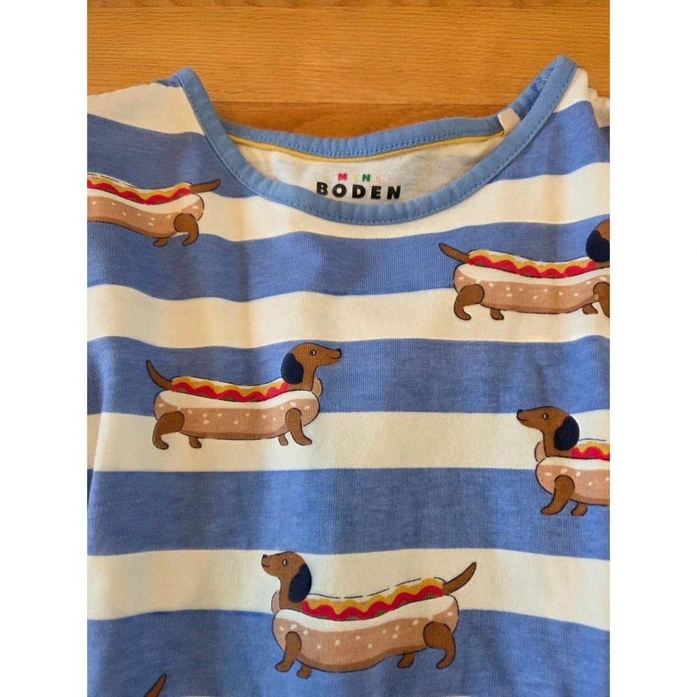 Mini Boden Blue Stripe Dress Dachshund Weiner Dog Cotton Jersey Girls 11-12